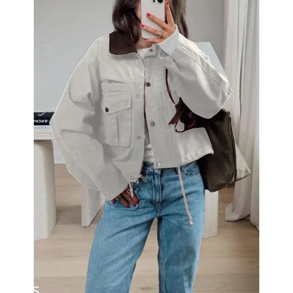 Women's Cream Cropped Contrast Collar Utility Coat Cargo Jacket Imported - Picture 5 of 6